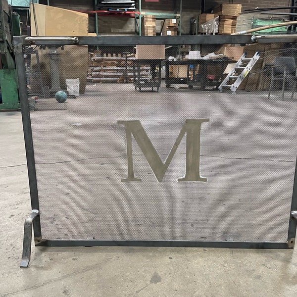 FIREPLACE SCREEN with Monogram, MONOGRAM Fireplace Safety Screen- Single Panel Design- fireplace with Monogram- Black or Gun Metal Color