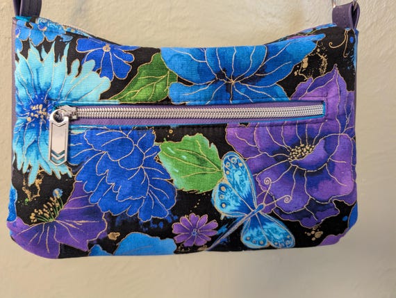 Dragonfly & Flower Crossbody Bag: Purple Faux Leather, Batik Lining