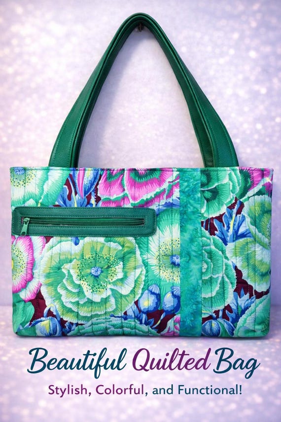 Quilted Kaffe Fassett Tote Bag: Poppy Garden Print, Green Faux Leather Handles