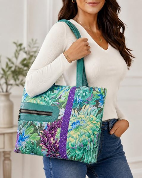 Quilted Kaffe Fassett Floral Zippered Tote Style Bag