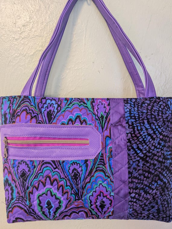 Quilted Kaffe Fassett Fabric Bag: Purple Batik Accent, Faux Leather Handles