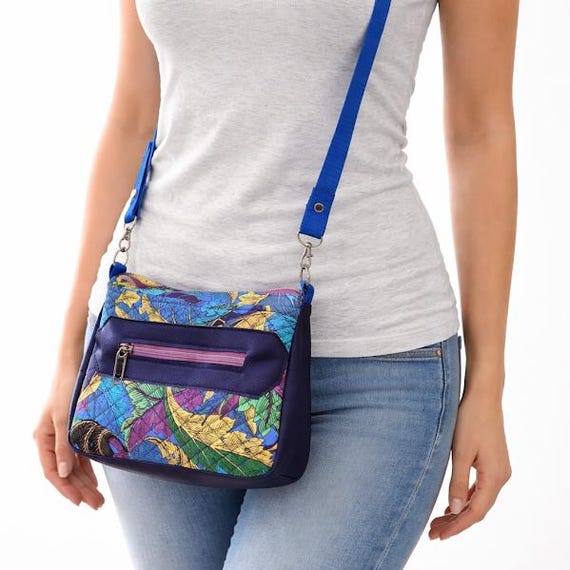 Kaffe Fassett Crossbody Bag, Blue, Green  Pink Purse, Faux Leather Crossbody, Handmade Colorful Bag, Gift for Her