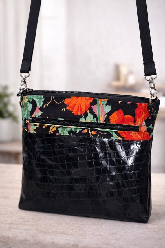 Kaffe Fassett Fabric Crossbody Bag with Black Croc Vegan Leather