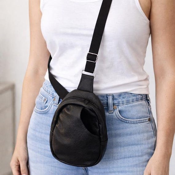 Cross Body Sling Bag, Black Faux Leather