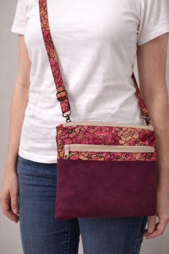Small Shoulder Bag With Mauve, Tan and Pink Fabric Plus MauveVegan Suede
