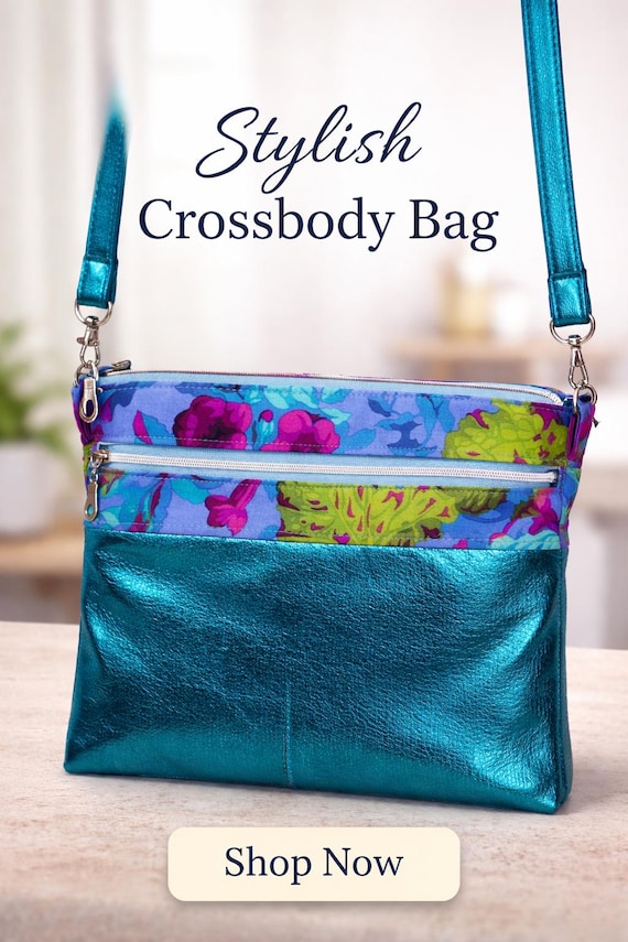 Kaffe Fassett Crossbody Bag: Floral Fabric & Blue Metallic Vegan Leather