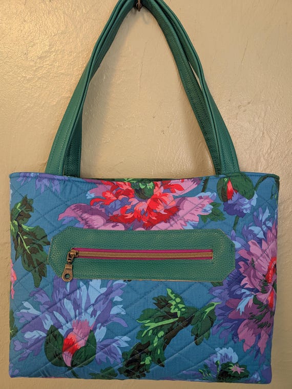 Kaffe Fassett Quilted Tote Bag: Teal Faux Leather Handles