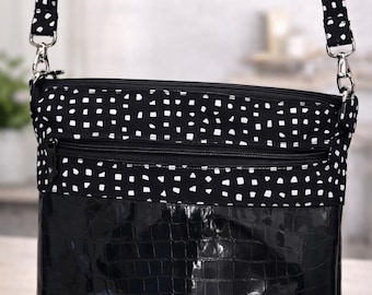 Small Shoulder Bag Black and White Plus Black Croc Embossed Vinyl