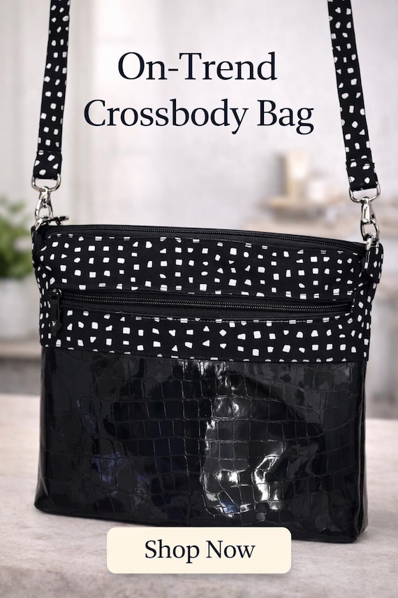 Small Shoulder Bag Black and White Plus Black Croc Embossed Vinyl