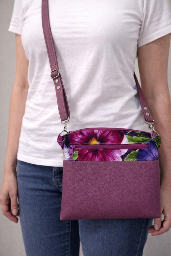 Small Crossbody Bag in Purple Pansy Fabric Plus Mauve Vegan Leather