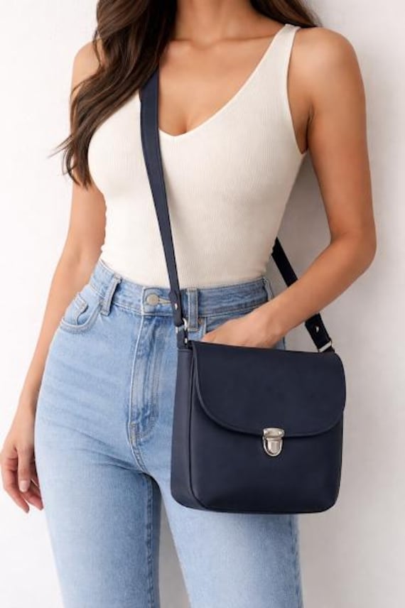 Navy Blue Faux Leather Medium Shoulder Bag