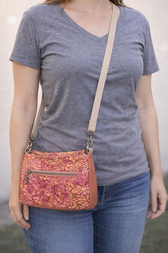 Pinks and Tan Batik Fabric With Cinnamon Faux Leather Medium Crossbody Bag