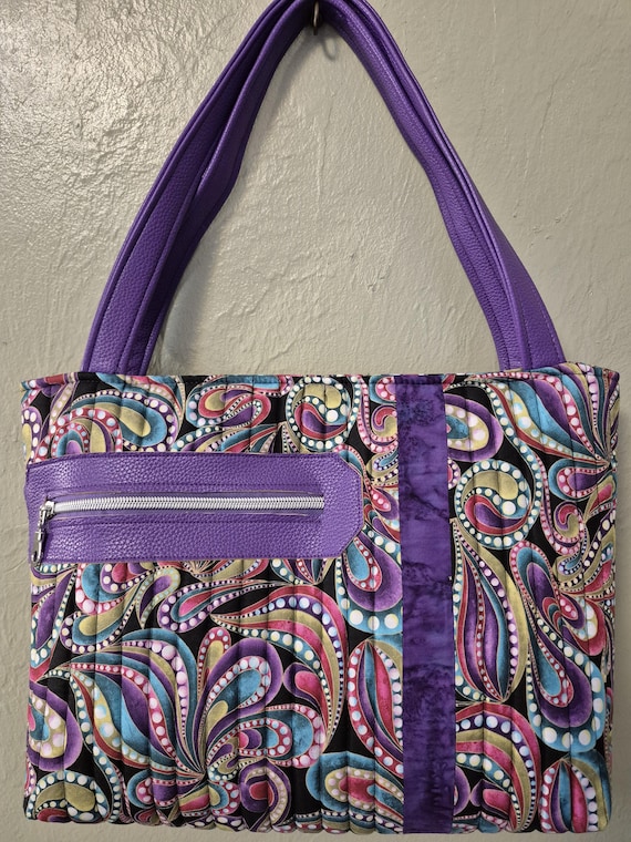 Quilted Black, Purple, Green, Pink Paisley Bag with Batik Accent  Faux Leather Handles and Zipper Facing