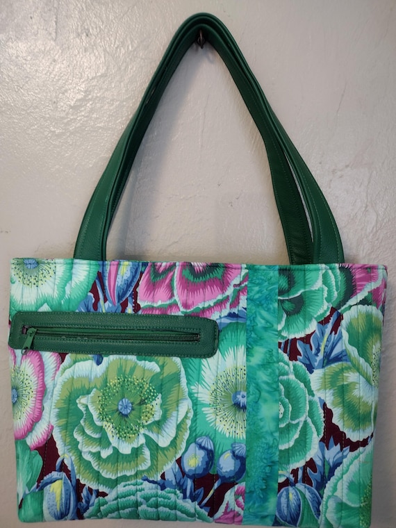 Quilted Kaffe Fassett Tote Bag: Poppy Garden Print, Green Faux Leather Handles