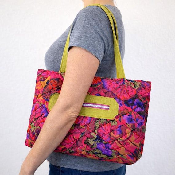 Kaffe Fassett Quilted Tote Bag: Floral Fabric & Olive Faux Leather