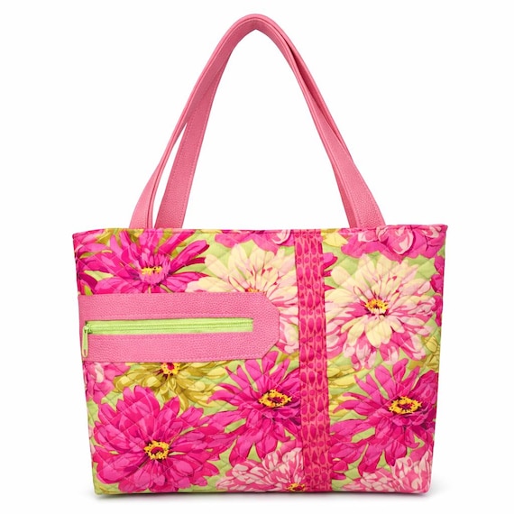 Kaffe Fassett Giant Zinnias Quilted Zippered Tote Bag in Pinks and Green