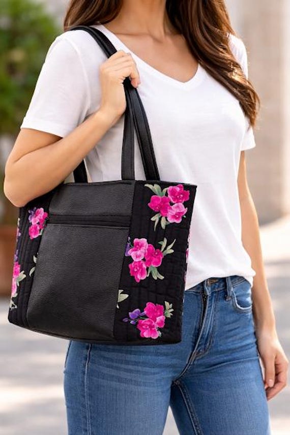 Floral Orchid Tote Bag: Black Faux Leather, Quilted Design