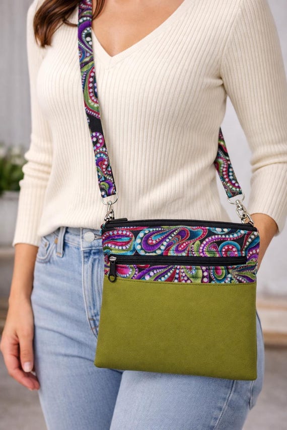 Small Shoulder Bag Black, Teal, Green and Pink Plus Green Vegan Leather