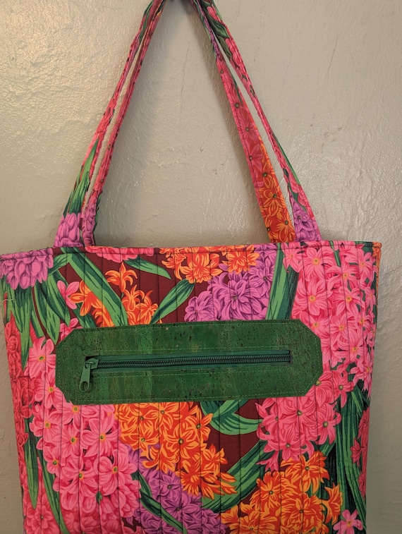 Quilted Kaffe Fassett Tote Bag: Shaggy Hyacinthus Fabric and Green Cork