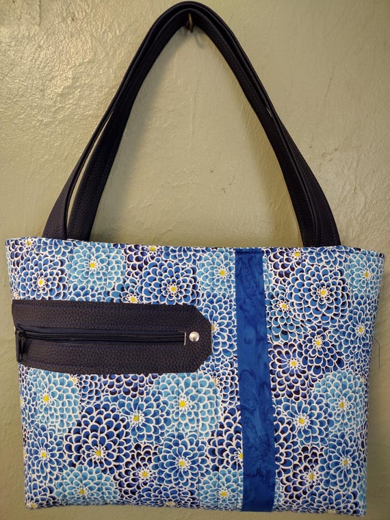 Quilted Blue Dahlia Tote Bag: Batik Accent, Faux Leather Handles
