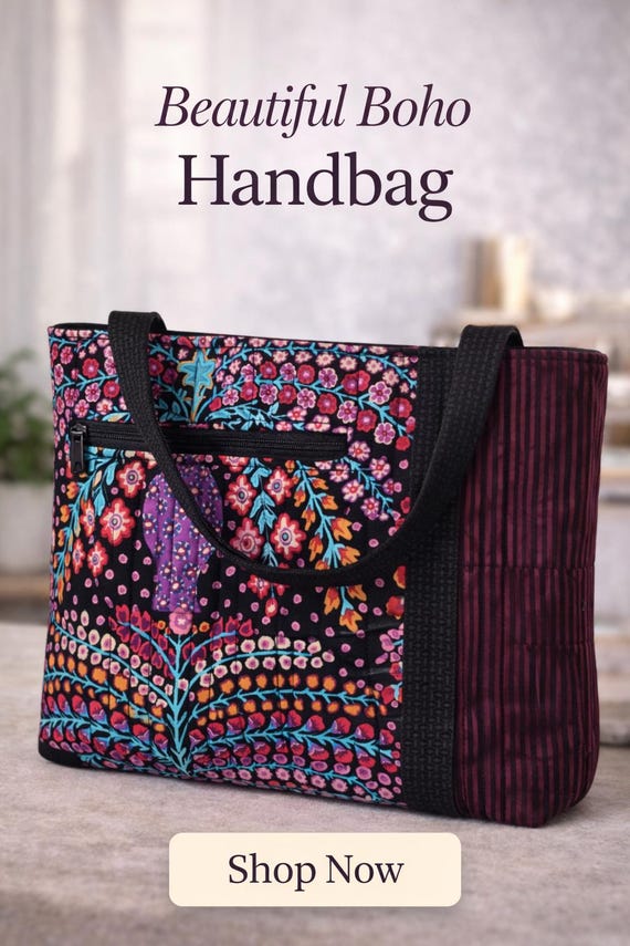 Purple, Black, Pink and Blue Kaffe Fassett Zippered Tote Style Handbag