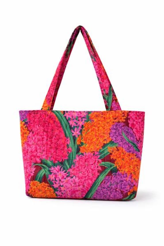 Quilted Kaffe Fassett Tote Bag: Shaggy Hyacinthus Fabric and Green Cork