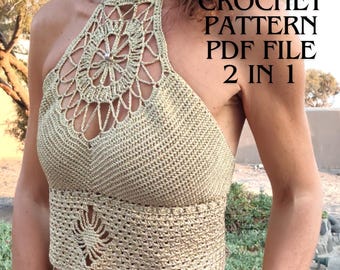 Modello all'uncinetto per top corto, bralette, bikini con scollo all'americana, fai da te 2 in 1