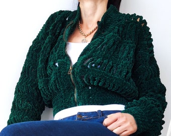 Velvet Bomber Jacket Zip Up, Crochet Cardigan Sweater, Y2K, Streetwear