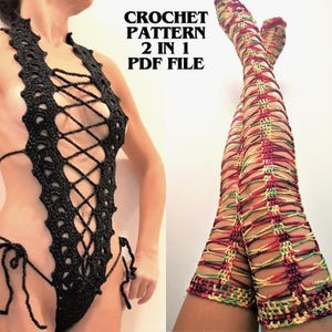 Crochet Lingerie Pattern PDF - Bodysuit & Knee High Socks, Stockings DIY Exotic Dancewear
