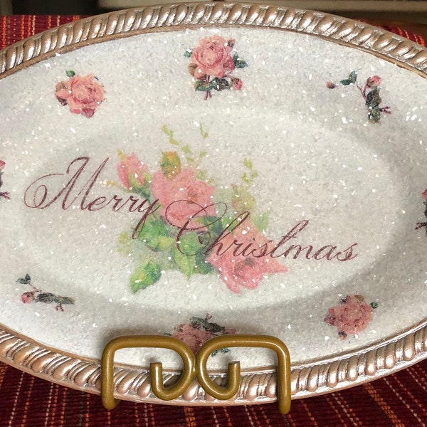 Pink roses Christmas silver tray, OOAK painted and decoupaged Christmas tray with diamond dust and metallic painted edging, one of  a kind