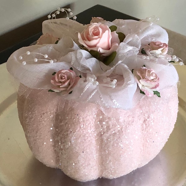 Shabby Chic Pink Pumpkin Glittered, Pink Pumpkin with voile, roses, pearls and glitter, shabby chic pink pumpkin