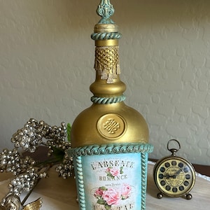 Upcycled French Bottle: Aqua & Gold Altered Decorative Glass