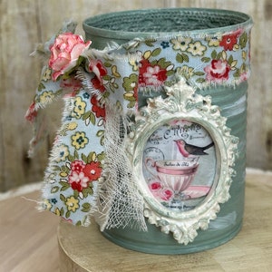 French shabby chic upcycled vintage style tin with framed bird on a teacup, altered tin with design, bow, rose and tag