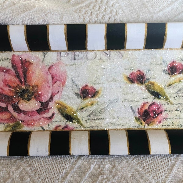 Hand-painted and decoupaged Peony floral tray with diamond dust and metallic painted edging, one of  a kind, READY TO SHIP