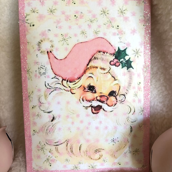 Pink Smiling Santa sign with pink glittered edges, Christmas Santa in pink with glitter details
