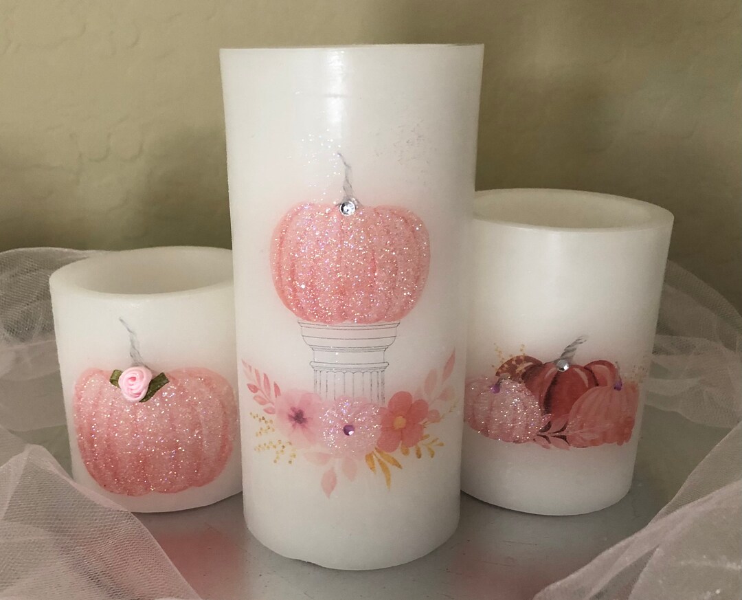 Shabby Chic Flameless Candle Set, Pink Pumpkin Design, LED Timer ...