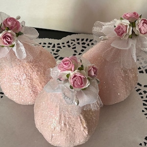 Shabby Chic Pink Glitter Gourds, Tulle, Pearls, Roses, Set of 3