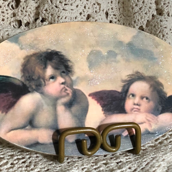 Decoupage Cherub Wood Sign, Glitter Accent, Raphael Art