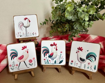 Roosters, whimsical roosters on a miniature wood sign with easel, mini art roosters, 4 styles