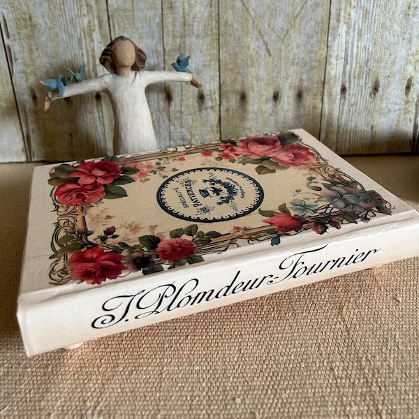 French country chic book riser, shabby chic altered book, distressed country cottage book, French-inspired coffee table book,