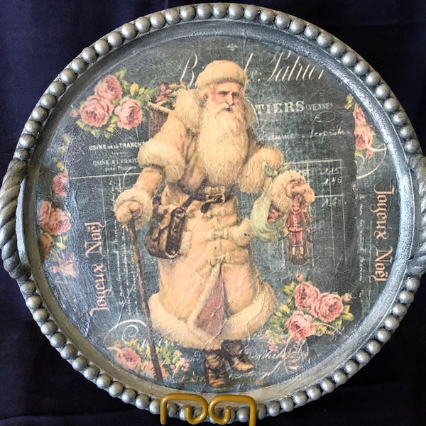 Ready to ship Pink vintage French Santa serving tray, painted and decoupaged Christmas tray with metallic painted edging, one of  a kind