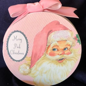 Pink Santa, Merry pink Christmas shelf sitter, Merry pink Christmas tiered tray decor, pink Santa shelf sitter