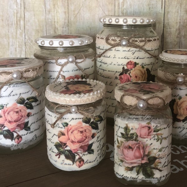 Custom Order for Cheryl M. - OOAK, Set of 6 floral glass jars, rose decor, cottage rose jars, shabby chic floral jars