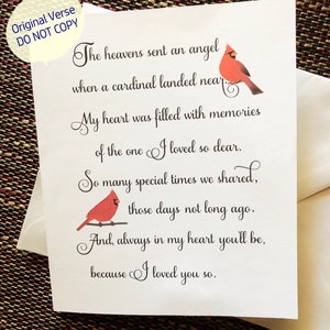 Cardinal Sympathy Card, Heaven Sent an Angel, Cardinal note card, in Cream or White, ORIGINAL VERSE (do not copy) Blank Inside