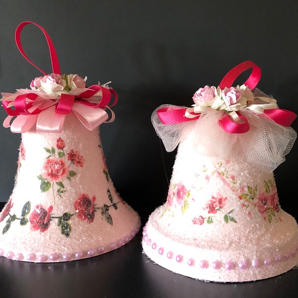 Shabby Chic Pink Bells with diamond dust glitter, roses and ribbon, 2 styles and sold as a set, bells decorated in shades of pink