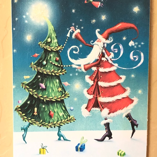 Whimsical Santa and Tree Dancing delightfully, small whimsy Santa sign with glittery highlights 5x7