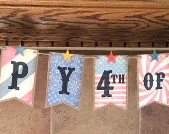 Vintage Style Happy 4th of July Banner, Patriotic Americana Garland, Cardstock Decor