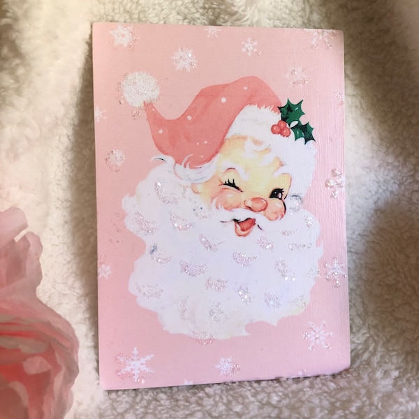 Pink Glitter Winking Santa Sign, Christmas Decor (5x7")