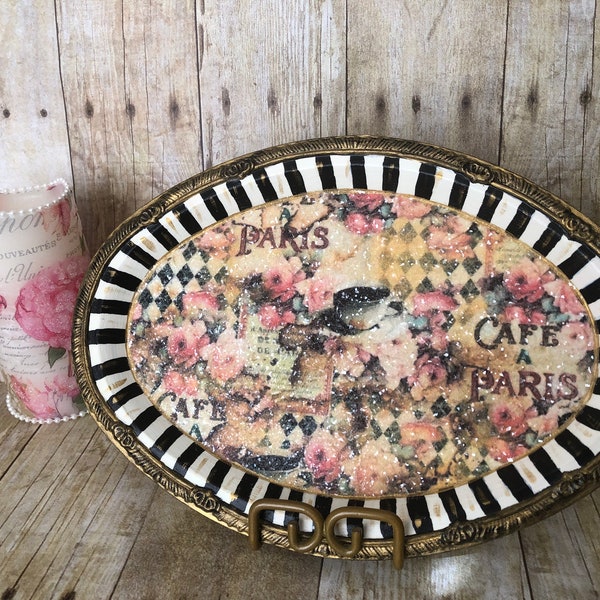 Cafe Paris French design oval hand-painted and decoupaged tray with diamond dust and metallic painted edging, one of  a kind, READY TO SHIP