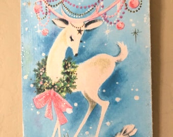 Vintage Christmas deer with pink bow small sign, sweet deer with rabbit in the snow with glitter highlights